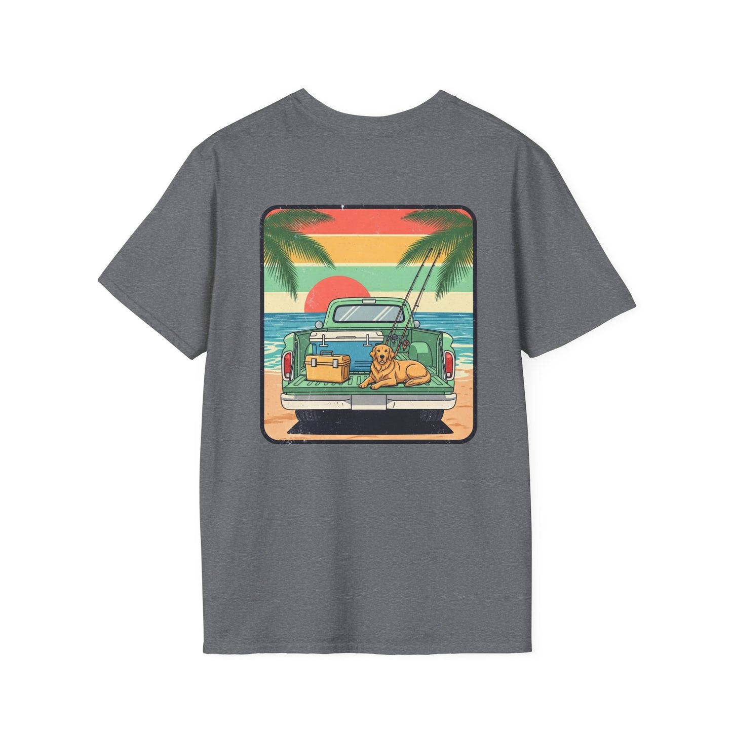 Sunset Beach Truck with Dog T-Shirt | Retro Palm Surfing Scene