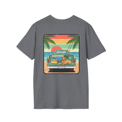 Sunset Beach Truck with Dog T-Shirt | Retro Palm Surfing Scene