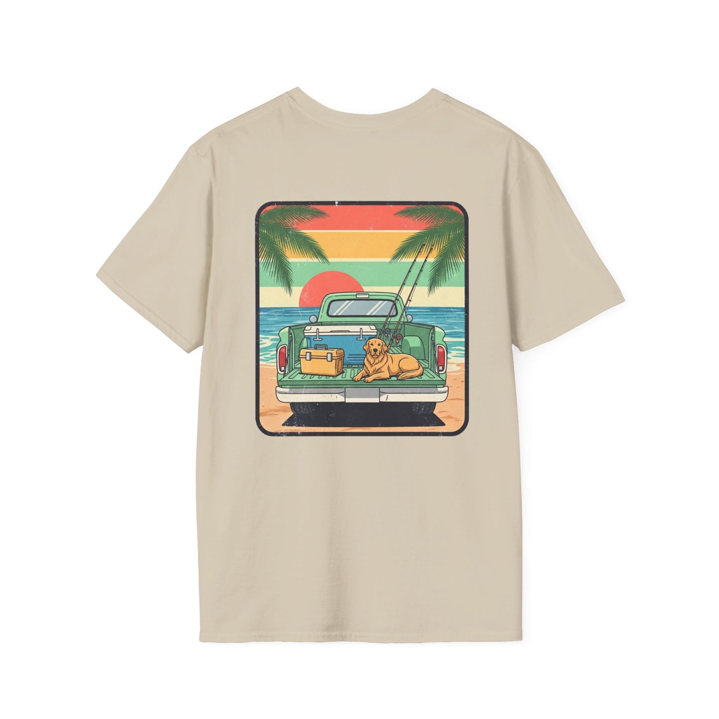 Sunset Beach Truck with Dog T-Shirt | Retro Palm Surfing Scene