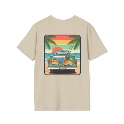 Sunset Beach Truck with Dog T-Shirt | Retro Palm Surfing Scene