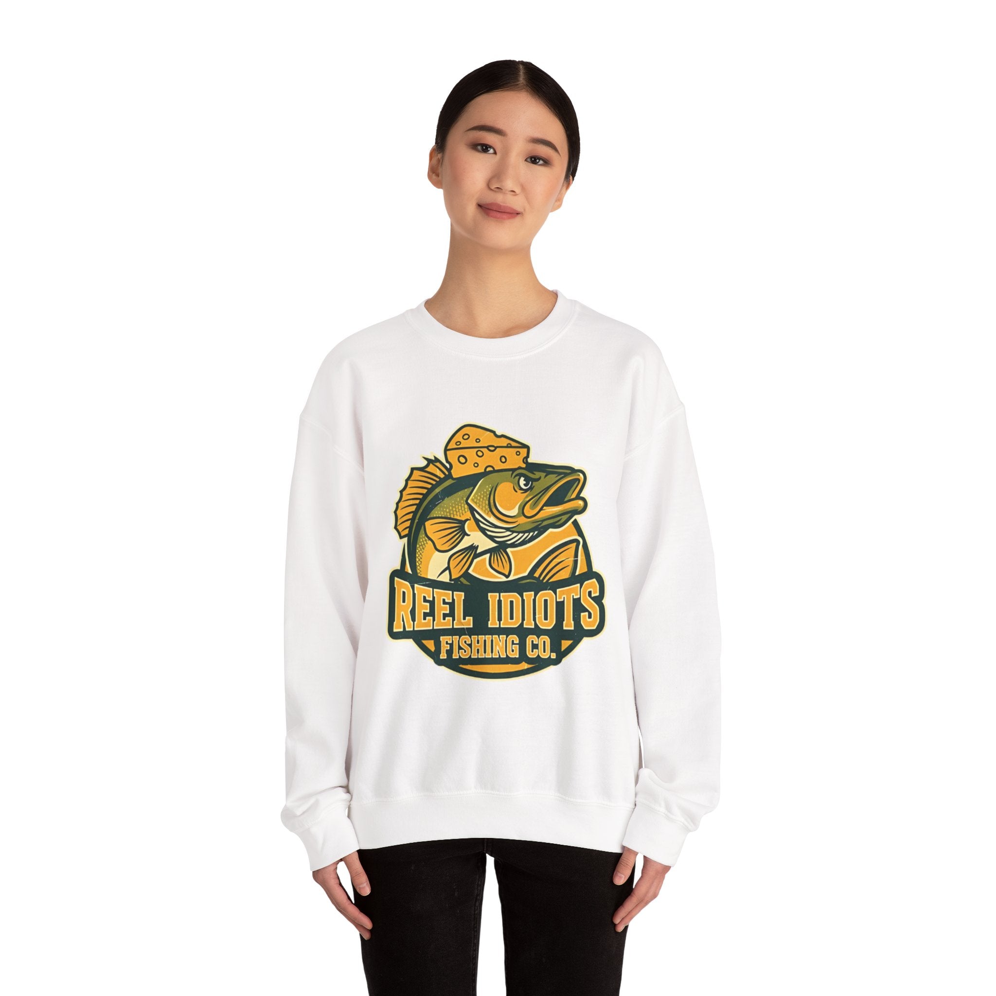 Fishing Sweatshirt — "Reel Idiots Fishing Co." Graphic Crewneck (Frictionless Back)