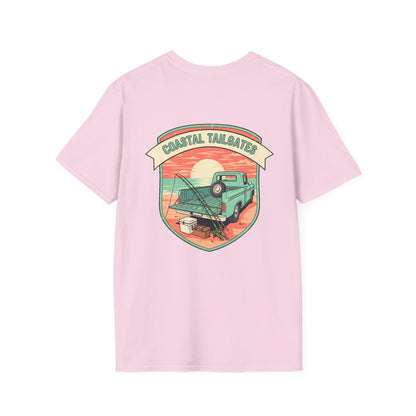 Coastal Tailgates Truck Beach Scene T-Shirt | Vintage Sunset Badge