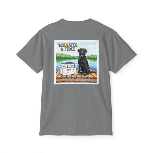 Tailgates and Tides Dog Shirt - Black Lab on Dock - Lake Life Graphic Tee - Southern Brand Gift - Preppy Outdoor Style - Comfort Colors