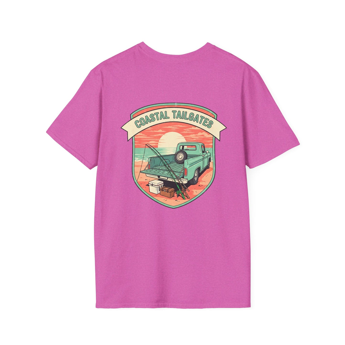 Coastal Tailgates Truck Beach Scene T-Shirt | Vintage Sunset Badge