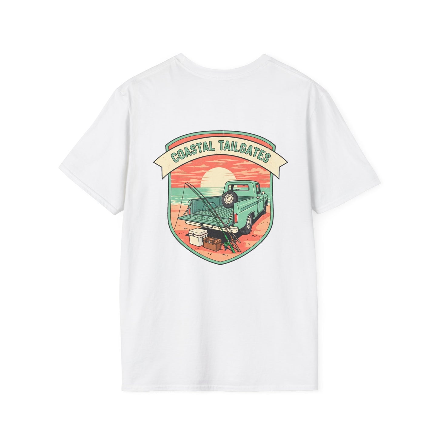 Coastal Tailgates Truck Beach Scene T-Shirt | Vintage Sunset Badge