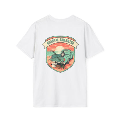 Coastal Tailgates Truck Beach Scene T-Shirt | Vintage Sunset Badge
