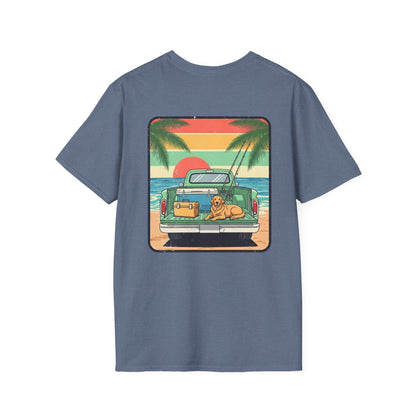 Sunset Beach Truck with Dog T-Shirt | Retro Palm Surfing Scene