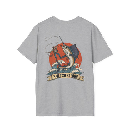Sailfish Saloon Marlin Fishing T-Shirt | Vintage Marlin Wave Graphic