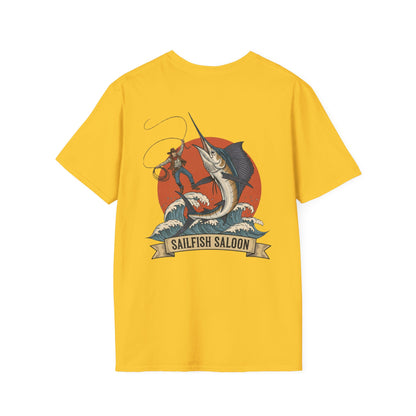 Sailfish Saloon Marlin Fishing T-Shirt | Vintage Marlin Wave Graphic