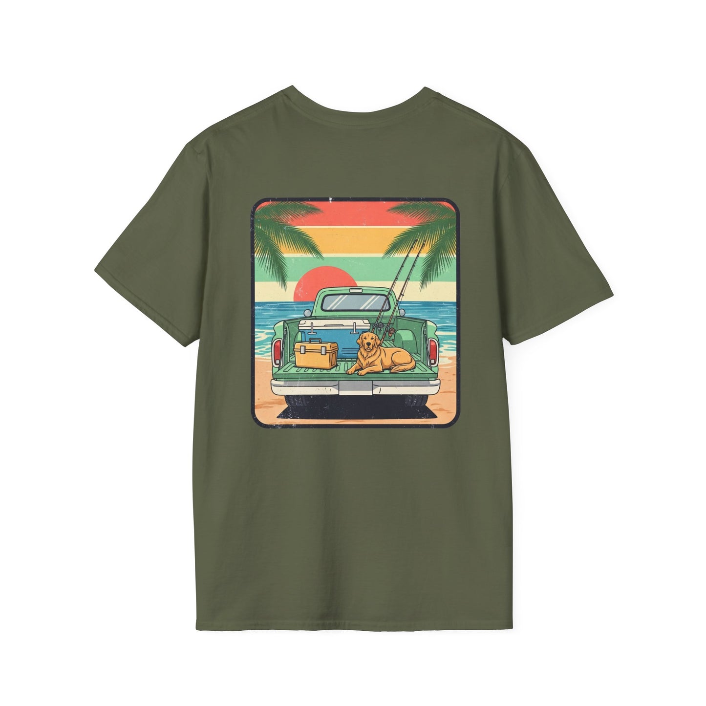 Sunset Beach Truck with Dog T-Shirt | Retro Palm Surfing Scene