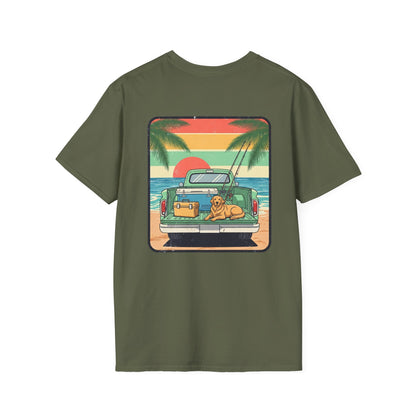 Sunset Beach Truck with Dog T-Shirt | Retro Palm Surfing Scene