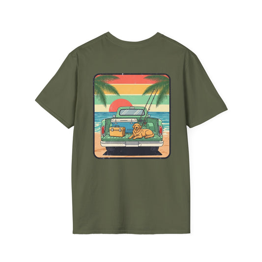 Sunset Beach Truck with Dog T-Shirt | Retro Palm Surfing Scene