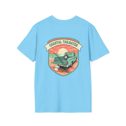 Coastal Tailgates Truck Beach Scene T-Shirt | Vintage Sunset Badge