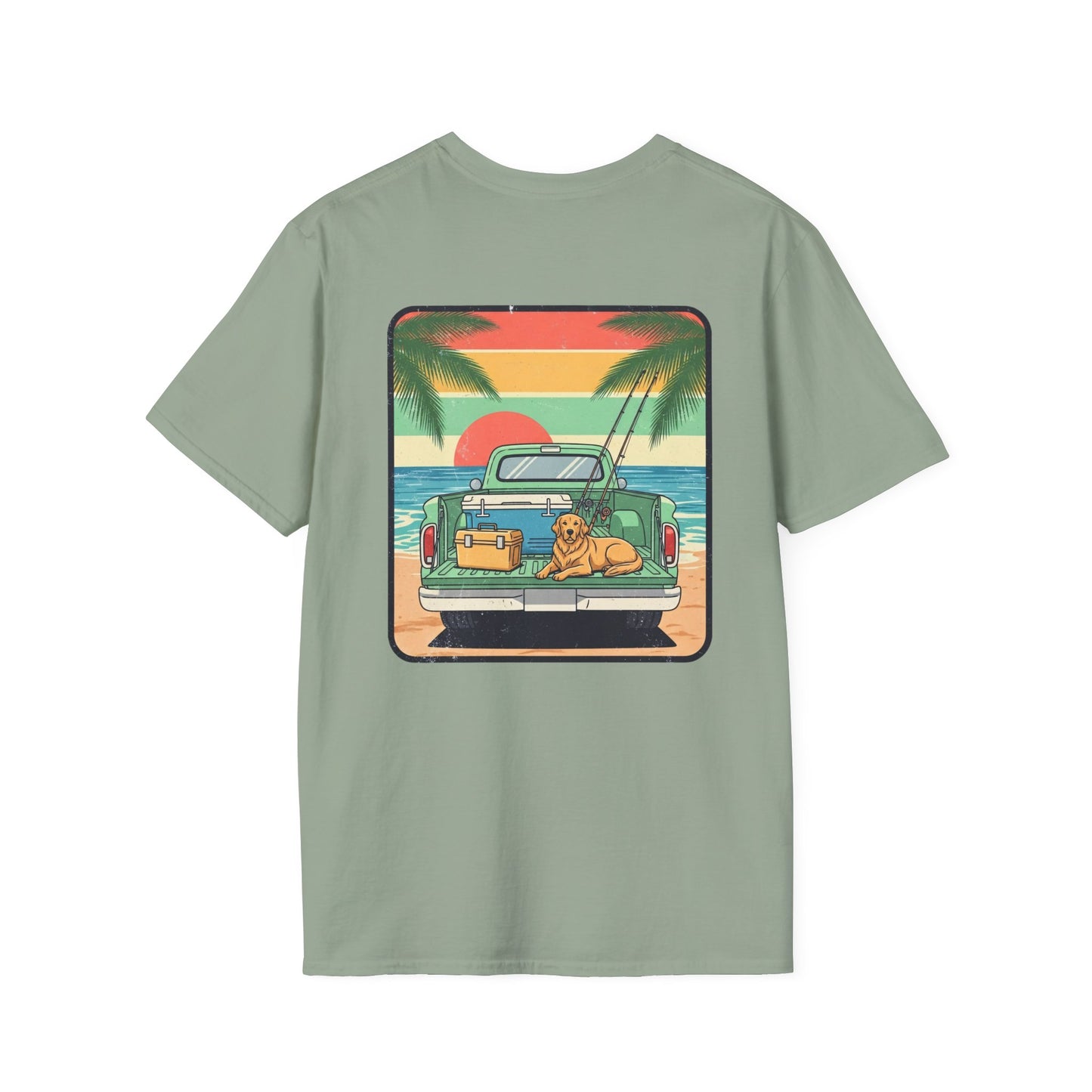 Sunset Beach Truck with Dog T-Shirt | Retro Palm Surfing Scene