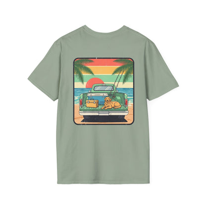 Sunset Beach Truck with Dog T-Shirt | Retro Palm Surfing Scene