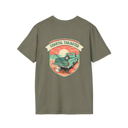 Coastal Tailgates Truck Beach Scene T-Shirt | Vintage Sunset Badge