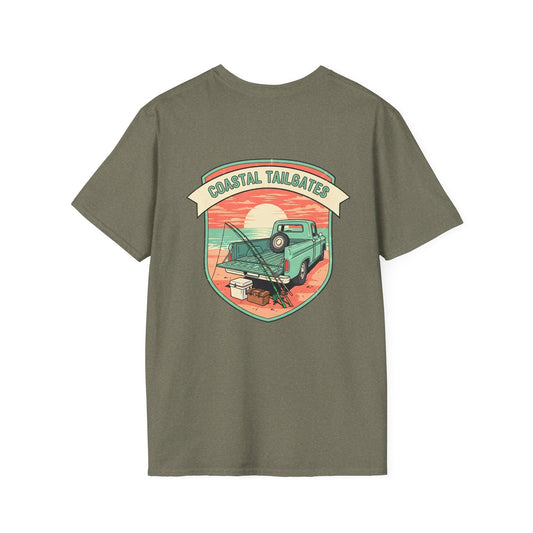 Coastal Tailgates Truck Beach Scene T-Shirt | Vintage Sunset Badge