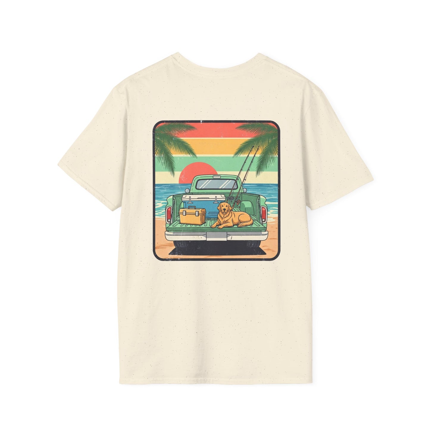 Sunset Beach Truck with Dog T-Shirt | Retro Palm Surfing Scene
