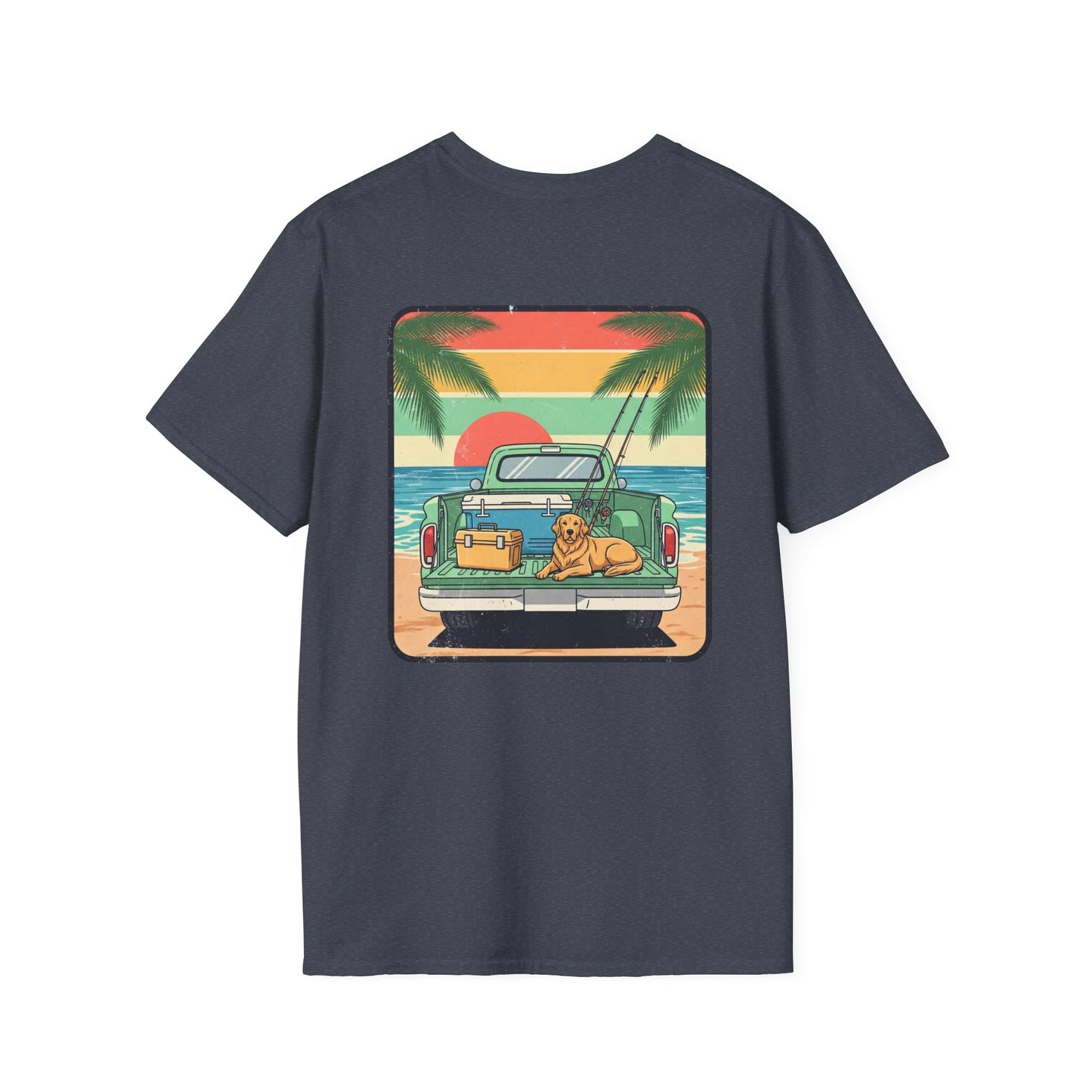 Sunset Beach Truck with Dog T-Shirt | Retro Palm Surfing Scene