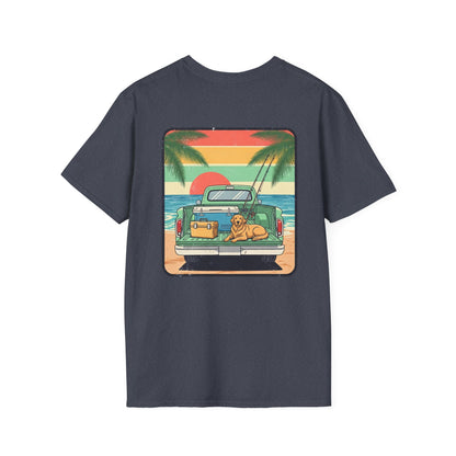 Sunset Beach Truck with Dog T-Shirt | Retro Palm Surfing Scene