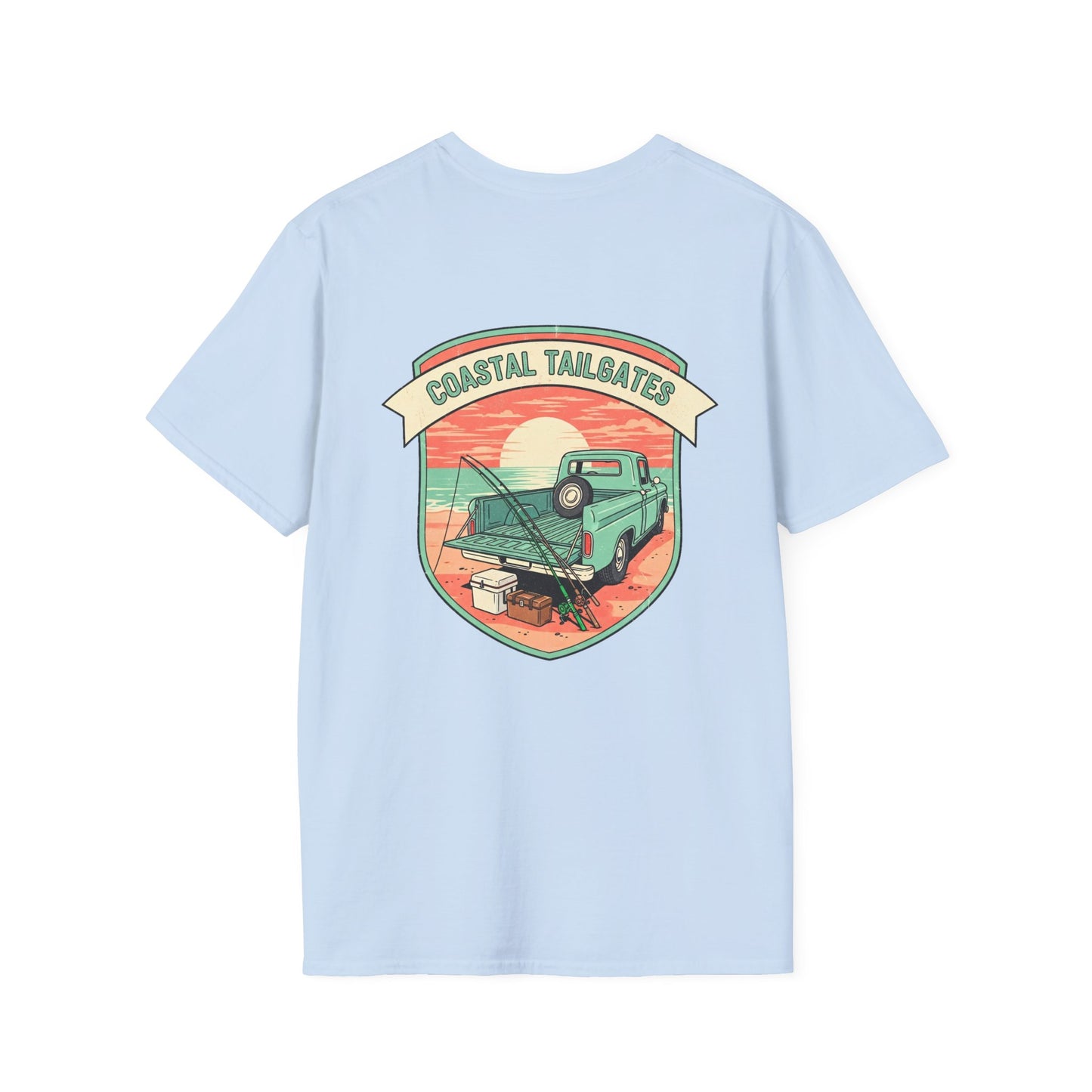 Coastal Tailgates Truck Beach Scene T-Shirt | Vintage Sunset Badge