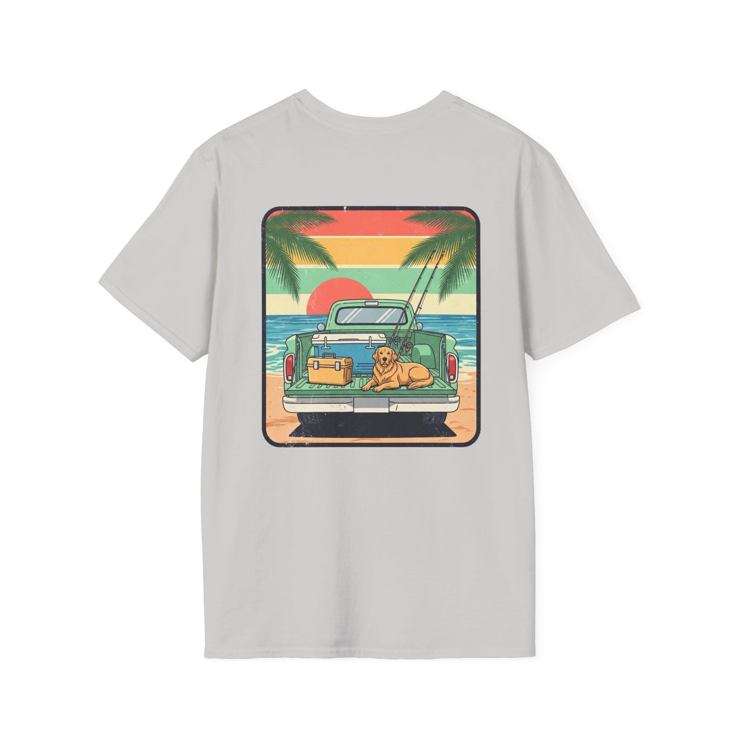 Sunset Beach Truck with Dog T-Shirt | Retro Palm Surfing Scene