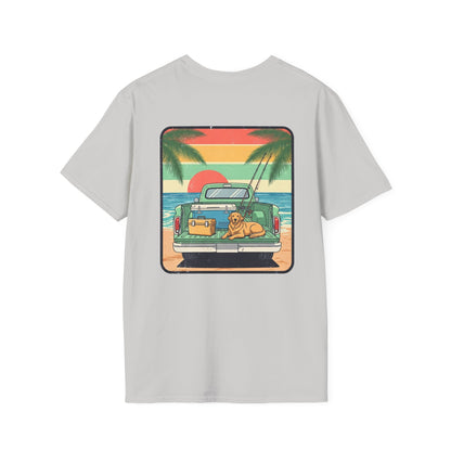 Sunset Beach Truck with Dog T-Shirt | Retro Palm Surfing Scene
