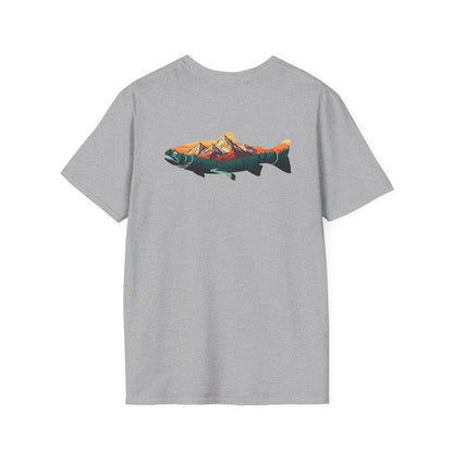 Outdoor Graphic Tee, Fishing Shirt, Mountain Range Trout Design, Nature Lover Gift, Retro Hiking T-Shirt, Camping Apparel, Adventure Shirt