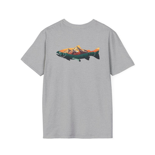 Outdoor Graphic Tee, Fishing Shirt, Mountain Range Trout Design, Nature Lover Gift, Retro Hiking T-Shirt, Camping Apparel, Adventure Shirt