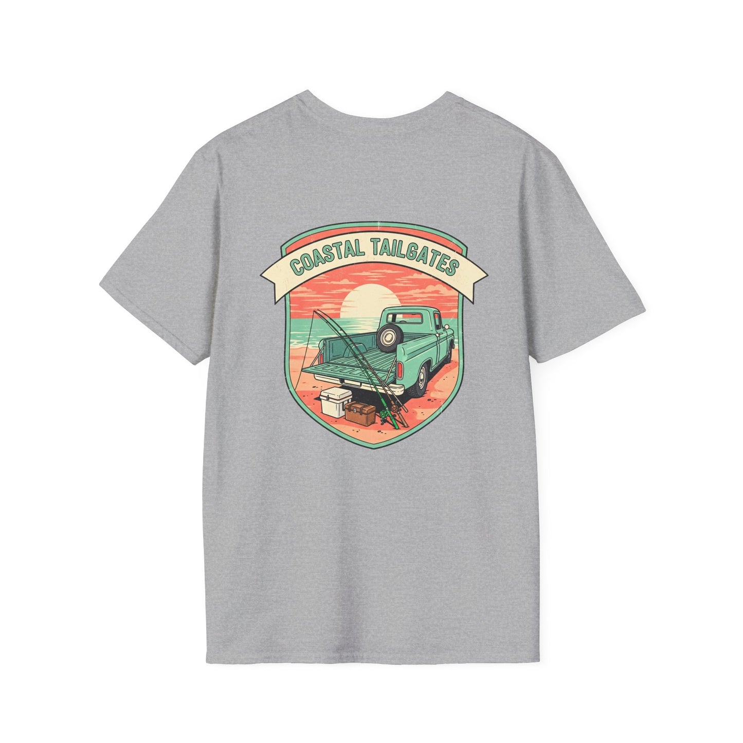 Coastal Tailgates Truck Beach Scene T-Shirt | Vintage Sunset Badge