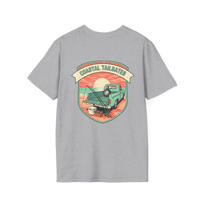 Coastal Tailgates Truck Beach Scene T-Shirt | Vintage Sunset Badge