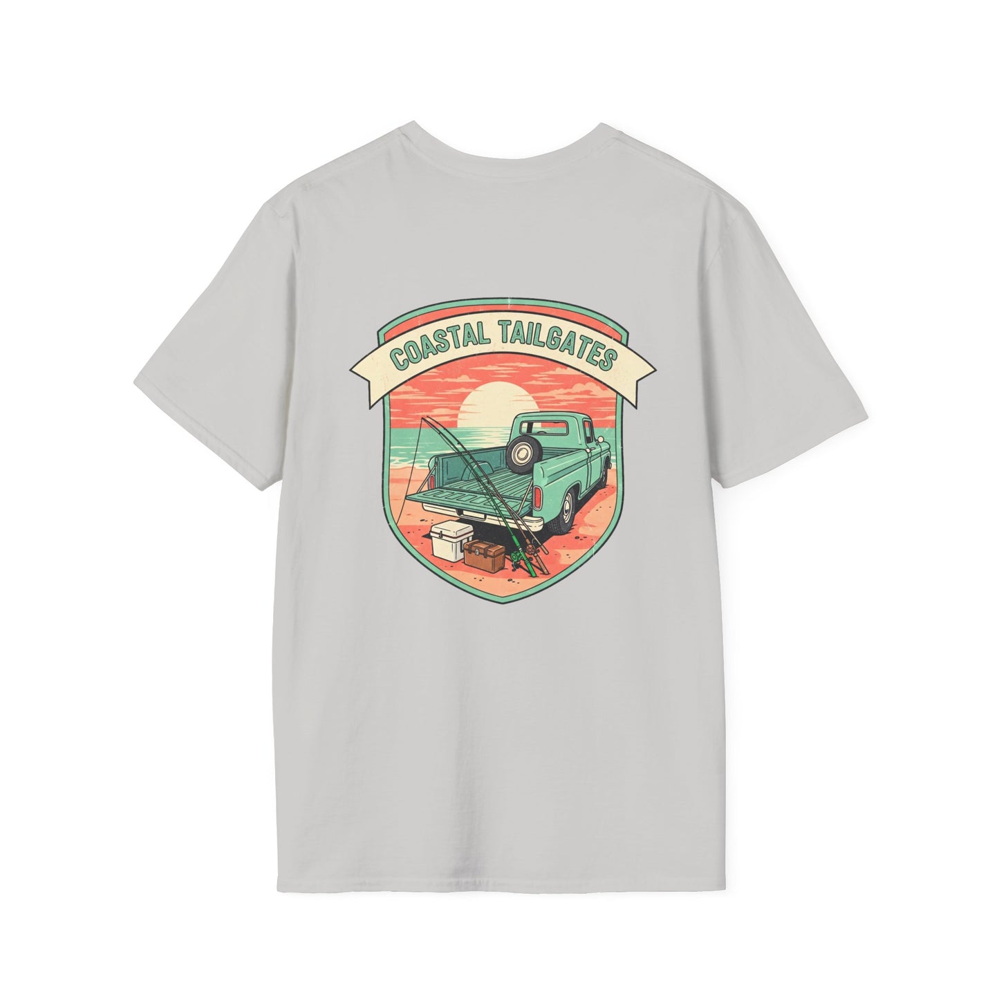 Coastal Tailgates Truck Beach Scene T-Shirt | Vintage Sunset Badge