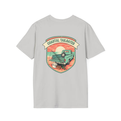 Coastal Tailgates Truck Beach Scene T-Shirt | Vintage Sunset Badge