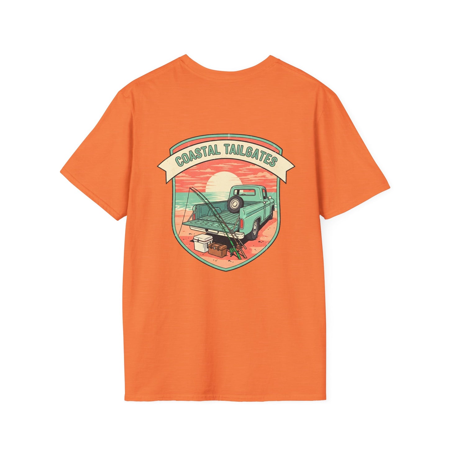Coastal Tailgates Truck Beach Scene T-Shirt | Vintage Sunset Badge