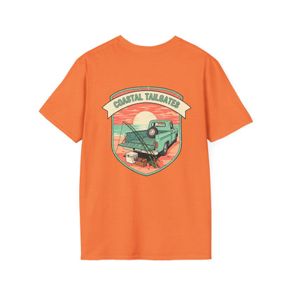 Coastal Tailgates Truck Beach Scene T-Shirt | Vintage Sunset Badge