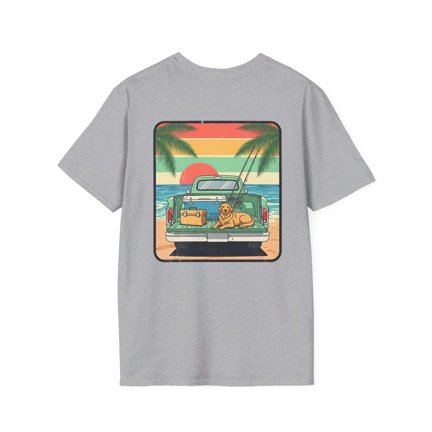 Sunset Beach Truck with Dog T-Shirt | Retro Palm Surfing Scene