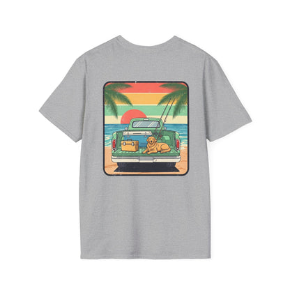 Sunset Beach Truck with Dog T-Shirt | Retro Palm Surfing Scene