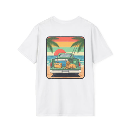 Sunset Beach Truck with Dog T-Shirt | Retro Palm Surfing Scene